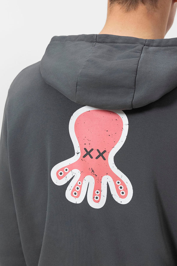 EL PULPO LOGO TRIPLE DIBUJADO SUDADERA CON CAPUCHA GRIS ANTRACITA