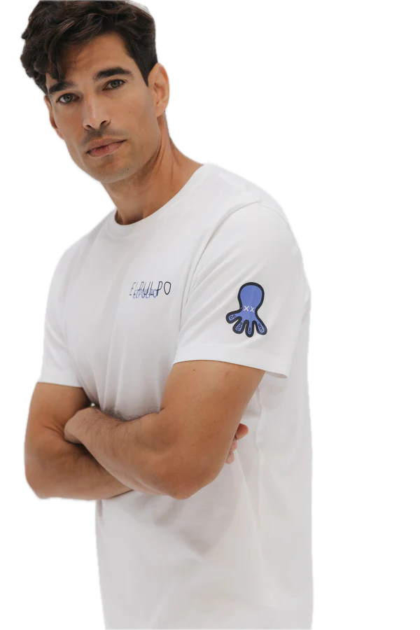 EL PULPO TRIPLE LOGO AZUL DESGASTADO CAMISETA BLANCO
