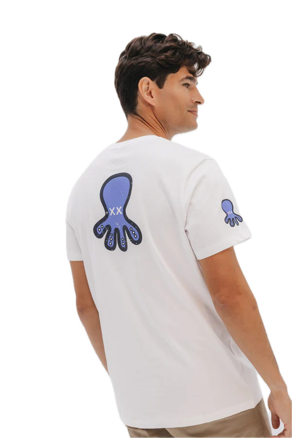 EL PULPO TRIPLE LOGO AZUL DESGASTADO CAMISETA BLANCO