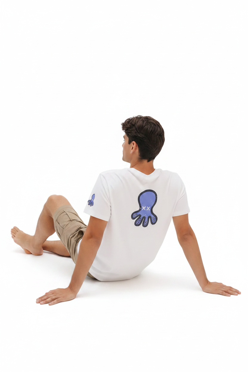 EL PULPO TRIPLE LOGO AZUL DESGASTADO CAMISETA BLANCO