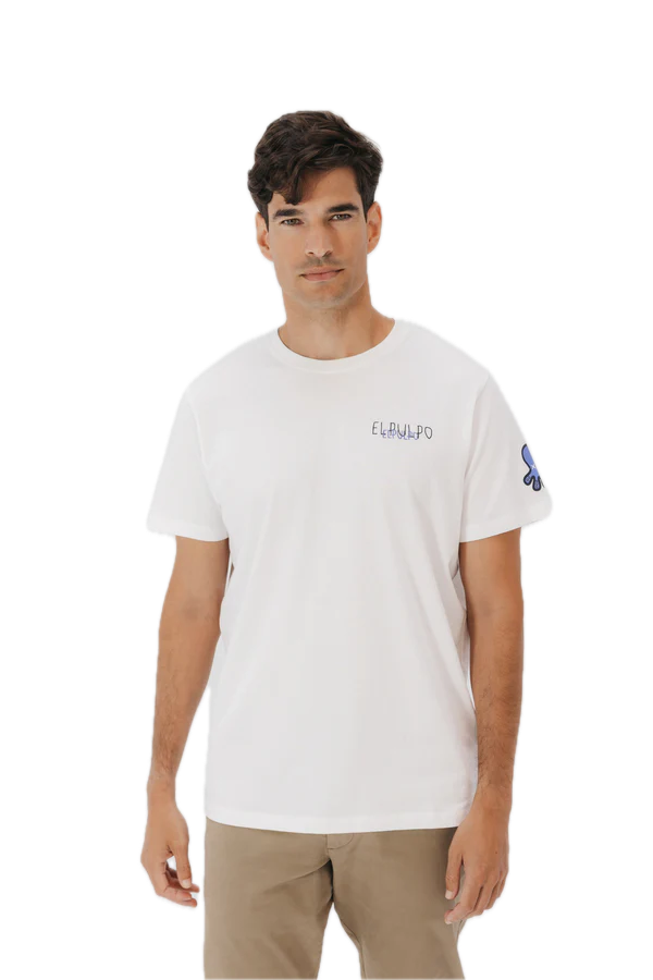 EL PULPO TRIPLE LOGO AZUL DESGASTADO CAMISETA BLANCO