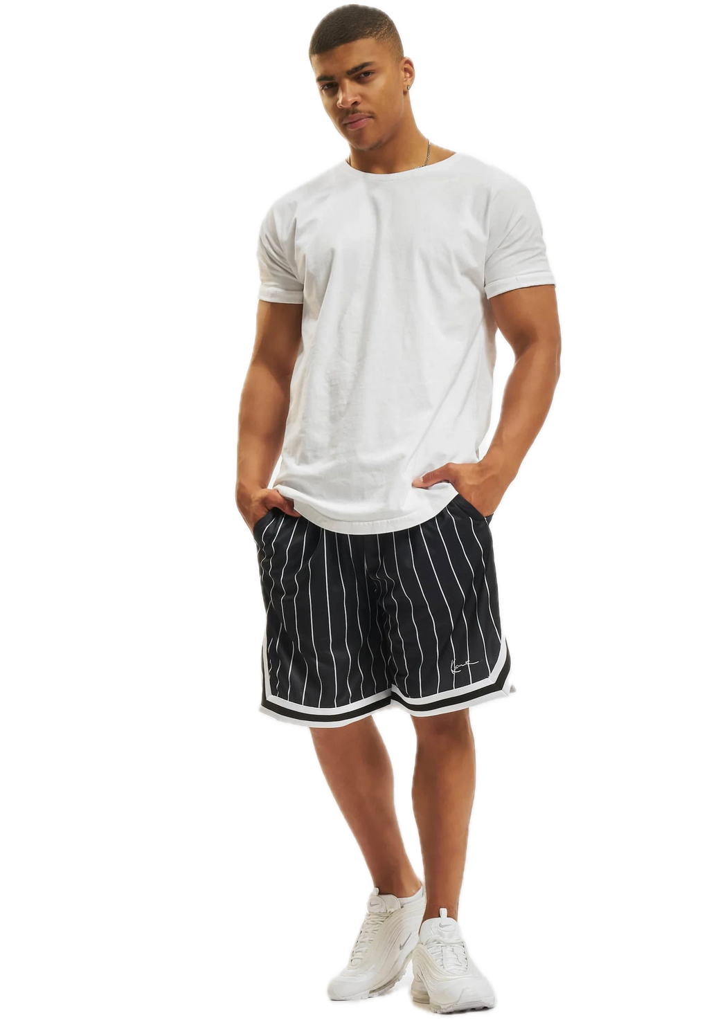 KARL KANI SMALL SIGNATURE PINSTRIPE BERMUDA NEGRA