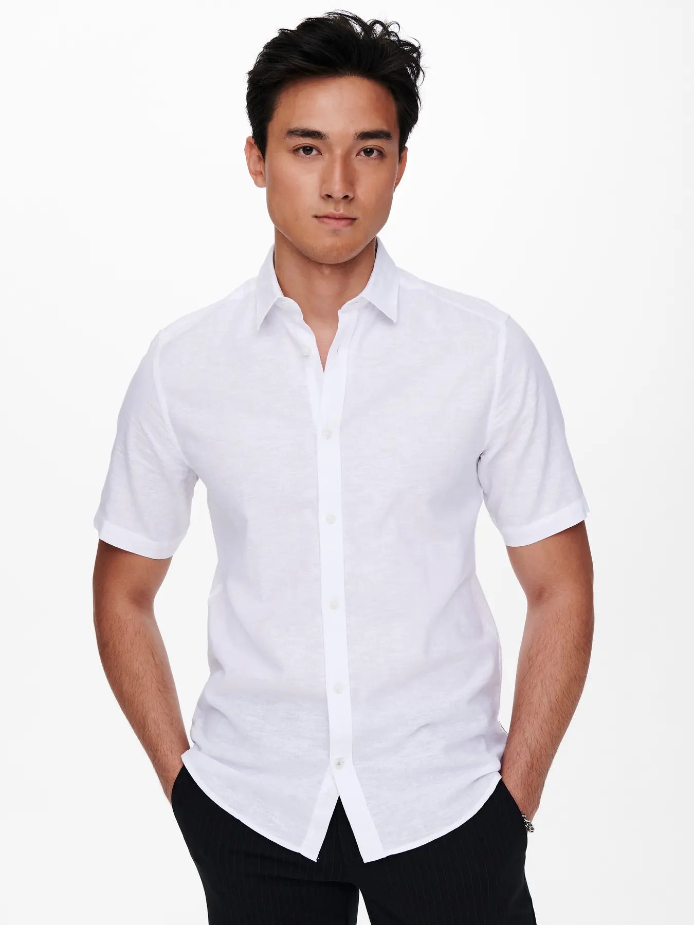 ONLY CAMISA LINO ONSCAIDEN MANGA CORTA BLANCA