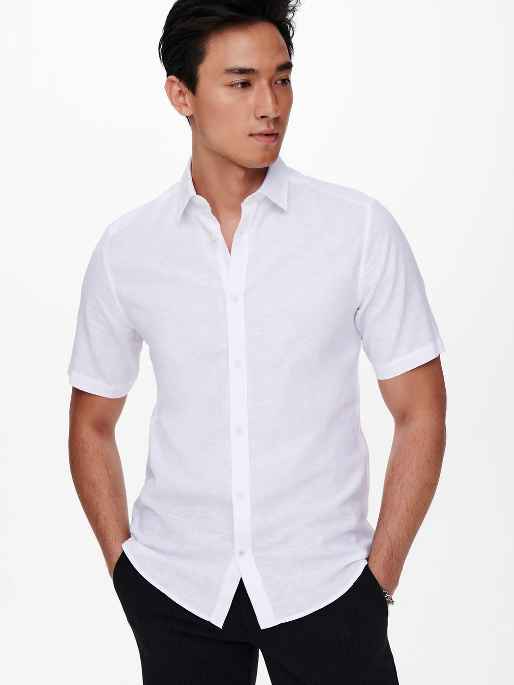 ONLY CAMISA LINO ONSCAIDEN MANGA CORTA BLANCA